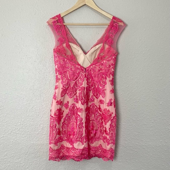 JVN by Jovani Bonny Dress Pink Crochet Lace Beige Sheer Cocktail Mini - Picture 5 of 13